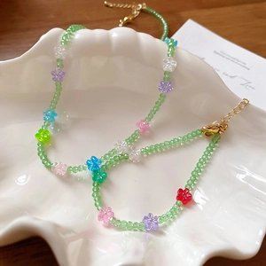 Sweet Green Crystal Beaded Necklace And Bracelet Multi Colored Flower Charms Clavicle Chain Aesthetic Jewelry For Women