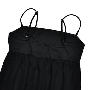 Close-up of adjustable spaghetti straps and textured fabric on the back of a black dress