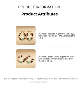 Detailed size and material specs for beaded hoop earrings with tiger eye and faux pearls