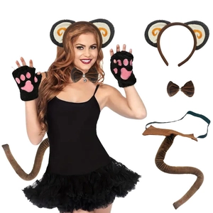 Detail of 4-piece monkey costume set with ears headband, bow tie, gloves, and tail