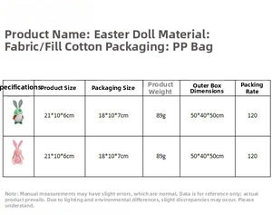 Detailed size chart for Easter gnome plush with green rabbit ears and pink flower