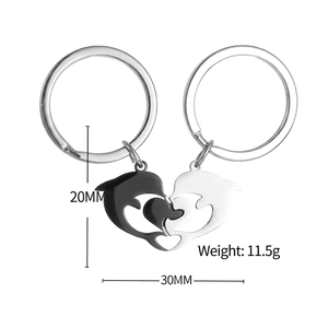 Matching dolphin heart stainless steel keychains for couples in silver and black finish
