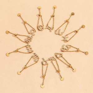 Bague Chaîne Réglable en Acier Inoxydable Plaqué Or 18K pour Femme Douze Constellations Strass Incrusté Bijoux Zodiaque Cadeau