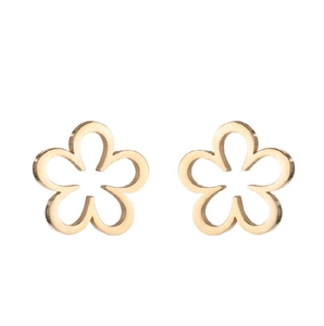 Macro shot of gold hollow flower stud earrings with detailed pistil and five petals