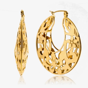 Boucles d'oreilles créoles vintage en acier doré 18K avec motifs floraux ajourés