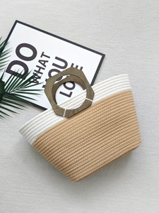 Minimalist cotton rope woven bag in beige and khaki with irregular wooden handles