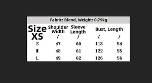 Detailed size chart for pleated tab jacket with sleeve and bust measurements in cm