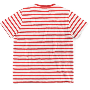 Detailed back view of red and white striped crew neck cotton T-shirt on white background