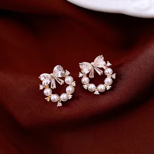 Bowknot Artificial Pearl Stud Earrings With Zircon And Silver Earring Post Elegant French Style Jewelry For Women