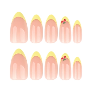 3D Cherry almond press-on nails with yellow French tips and soft nude base set
