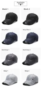Detail view of camouflage baseball caps in four colors with sport embroidery and metal logo