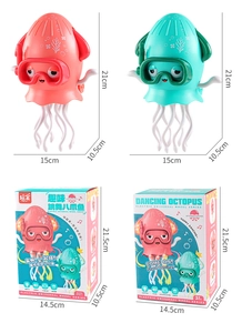 Detailed dimensions of the dancing octopus toy and its colorful retail packaging box