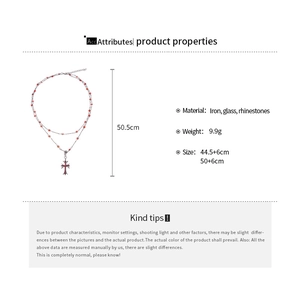 Detailed specs of double-layer cross necklace with red stones and measurements