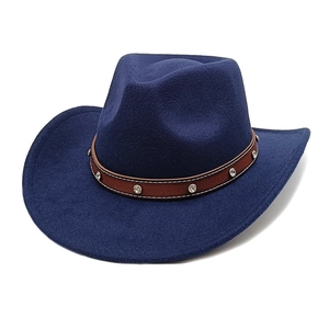 Dark blue wool cowboy hat with silver rhinestones and a brown leather decorative band