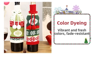 Detail of knitted Christmas wine bottle covers with snowflake patterns and pom-poms