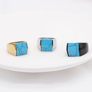 Men's square stainless steel rings with blue turquoise stone inlay in gold, silver, and black