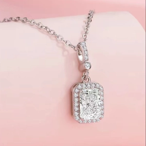S925 sterling silver perfume bottle necklace with square pink crystal and diamond halo