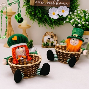 Detailed view of St. Patrick's Day woven candy baskets with plush leprechaun doll decor