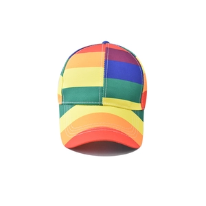 Rainbow striped cotton baseball cap with six vibrant colors and curved brim on white background