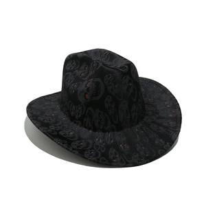 Skull Leopard Print Cowboy Hat Polyester Gothic Halloween Fedora Wide Brim Jazz Cap Red Glitter Eyes Unisex