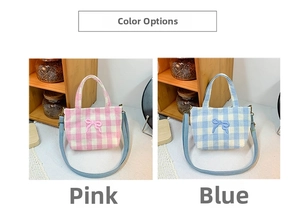 Pink and blue checkered canvas bags for kids with 3D bow embroidery and strap detail