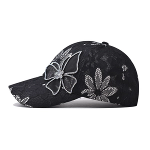 Breathable black lace baseball cap for women with elegant rhinestone butterfly detail