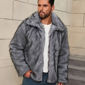 Men's grey faux fur lapel jacket with plush texture for autumn and winter street style
