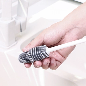 Long handle silicone cup cleaning brush with grey bristles for bottles and glassware