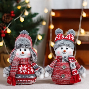 Christmas Snowman Doll Knitted Plush Ornament Trapper Hat Scarf Red Grey Snowflake Desktop Decoration Cute Festive