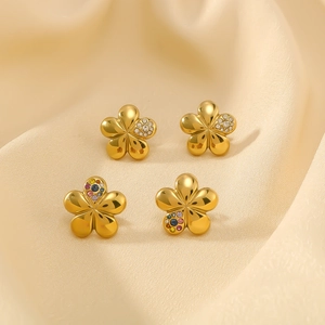 Golden stainless steel five-petal flower earrings with clear and colorful crystal rhinestones