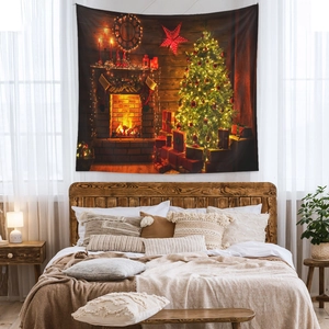 Detail view of cozy Christmas tapestry with fireplace and tree hung over bedroom headboard