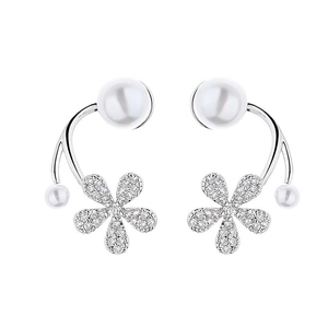 Elegant floral pearl stud earrings featuring sparkling zircon petals and silver finish