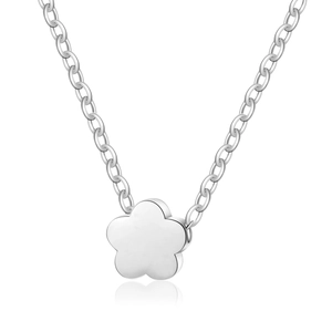 Close-up of polished silver stainless steel O-chain necklace with a floral petal pendant