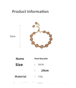 Detail view of champagne pearl bracelet with adjustable alloy chain and sizing info