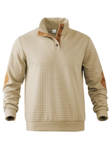 Detail of khaki waffle knit sweatshirt with brown elbow patches and buttoned collar