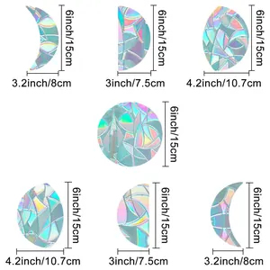 Detailed size specifications for rainbow prism moon phase window clings in inches and cm