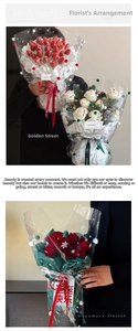 Close-up of strawberry bouquet wrapped in snowflake patterned cellophane with red ribbon