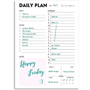 Detailed daily planner layout with schedule, top priorities, and water tracker
