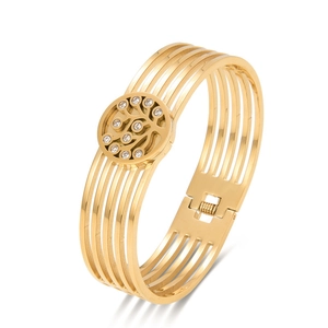 Stainless Steel Bangle Bracelet Multi Layer Hollow Out Tree Of Life Rhinestone Geometric Roman Style Fashion Jewelry Women