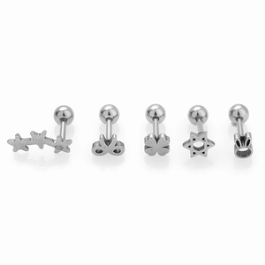 Detailed set of 5 stainless steel helix piercings with star clover and rabbit motifs