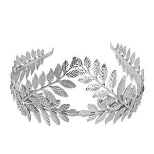 Elegant silver metal leaf crown headband in classic laurel leaf style on white background