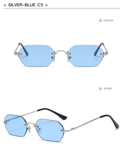 Vistas frontal y lateral de 45 grados de gafas octogonales de metal plateado y azul