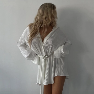 Women Long Sleeve Pleated Shirt Dress With Belt Elegant Turndown Collar Single Breasted Mini Dress Casual Streetwear Solid Color