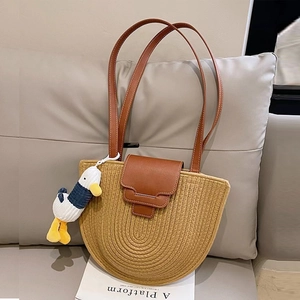 Women Half Round Woven Shoulder Bag With PU Leather Strap And Cute Duck Pendant Summer Beach Chic Vacation Handbag