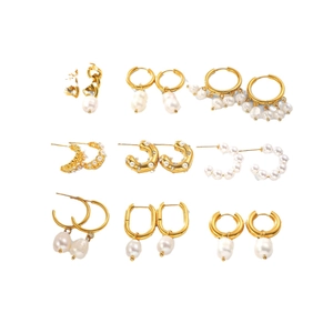 Set of 9 pairs 18K gold plated stainless steel hoop earrings with pearls and crystals