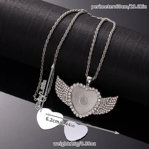Sublimation angel wing necklace detail showing 6.2cm width and 60cm chain length specs