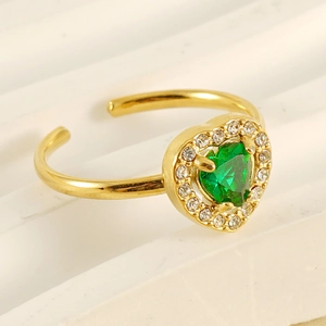 Adjustable 18K gold-plated double-layer ring with green heart-cut emerald zircon