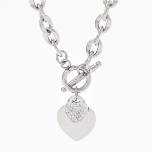 Polished silver stainless steel OT toggle necklace with sparkling rhinestone heart charms