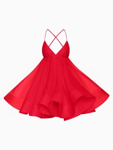 Sexy red V-neck backless mini dress with spaghetti straps and pleated layered ruffle hem