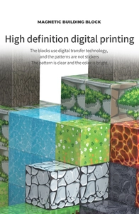 Macro detail of magnetic building blocks with digital print textures like grass and stone